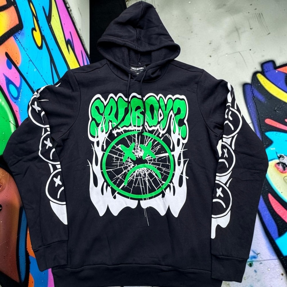 New Sad Boyz Hoodie Mens Medium Black Graphic Streetwear Y2K Emo Skater Goth NWT
